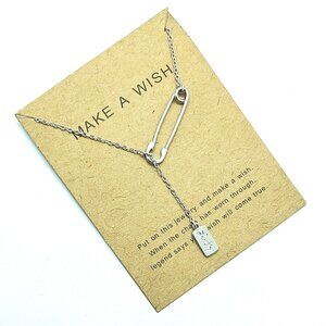 Women's Necklace w/ Gift Card "Make a Wish" Silver Chain Safety Pin Lucky Charm